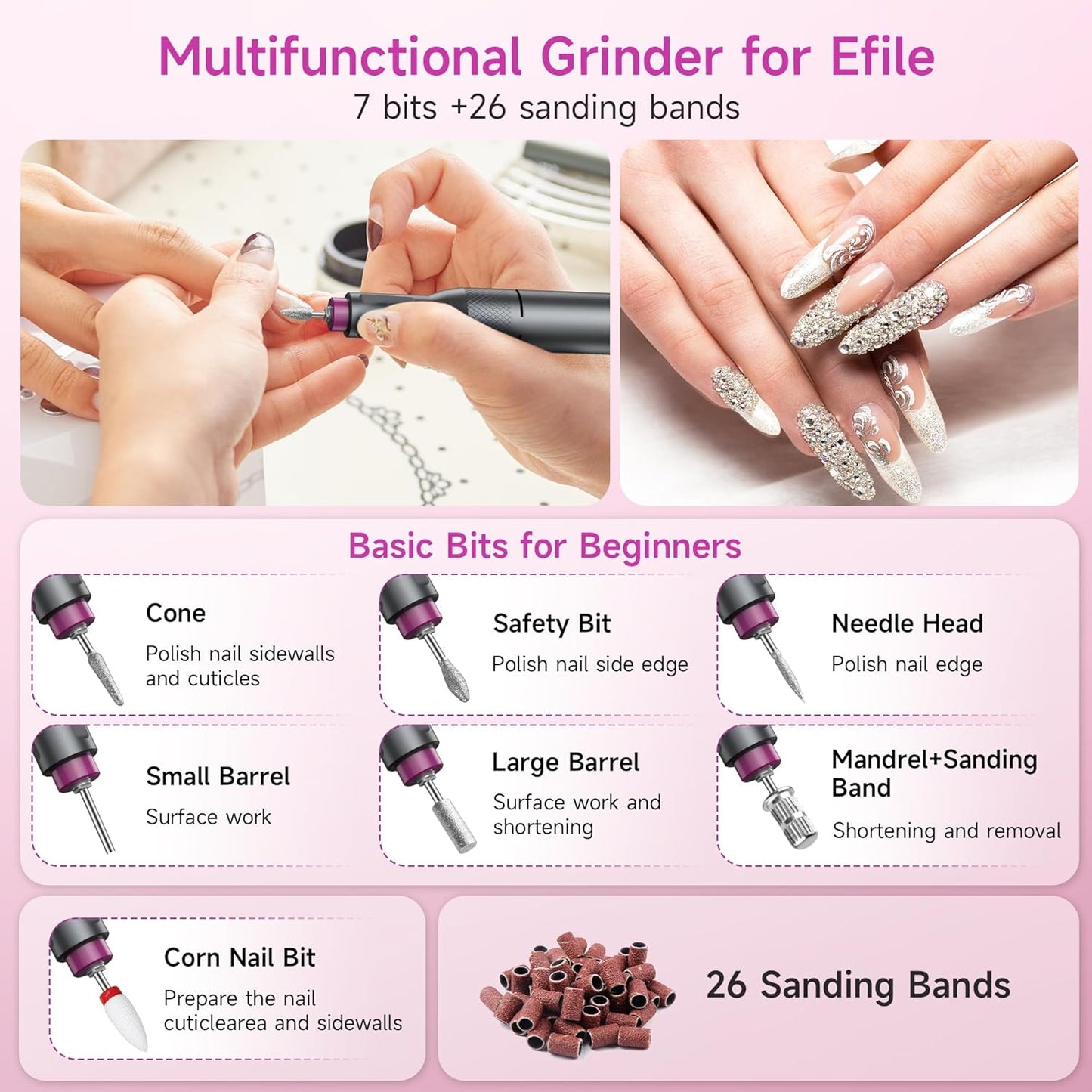 Electric Nail Drill - Professional Portable File for Acrylic Gel Nails | Cordless Rechargeable 40000RPM Efile Machine (Dark Grey)