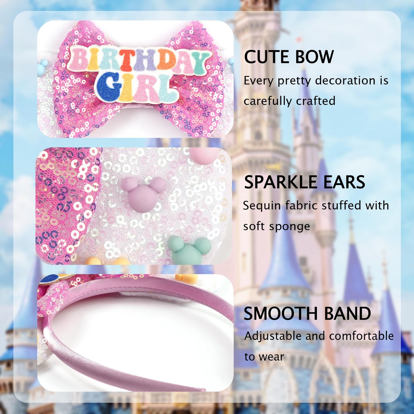 zhezesmila Mouse Ears for Women Birthday Girl Headband Sequin Ears Hair Accessories for Birthday Decorations Park Trips
