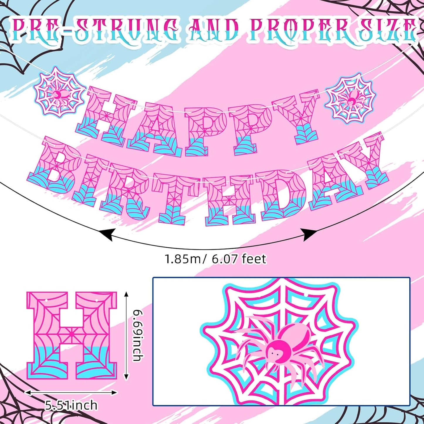 Spider Theme Birthday Banner - Pre-Strung Spider Web Decor for Kids' Parties | Pink & Blue