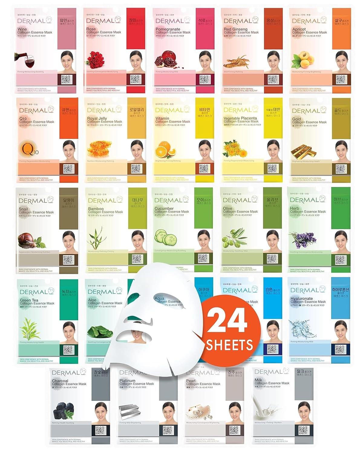 Dermal Facial Mask Combo Pack | Premium Korean Sheet Masks for Daily Skincare - 24 Masks