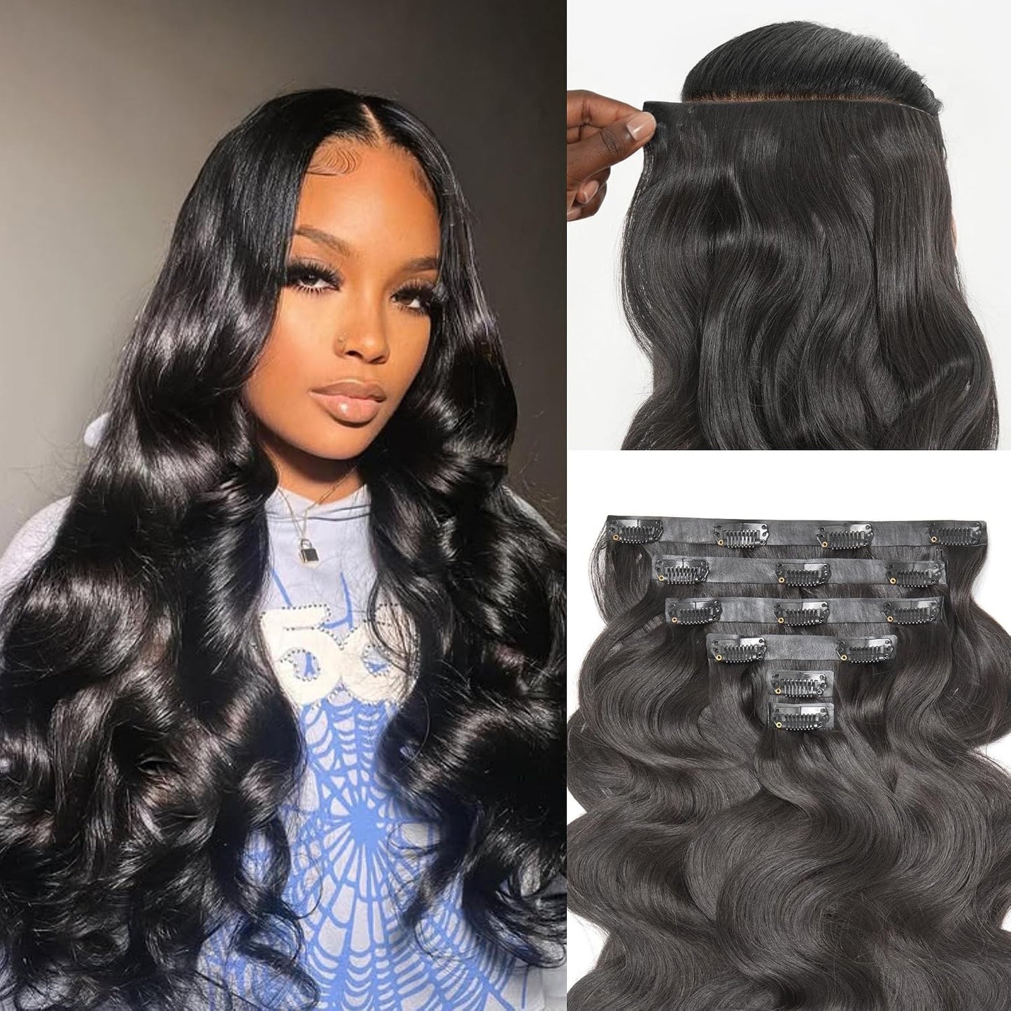 LUVME Invisible Clip-In Hair Extensions - 0.59mm Yaki Straight 24 Inch, 100% Real Human Hair, 6 Pcs 100g | Wider Wefts for Easy Sectioning
