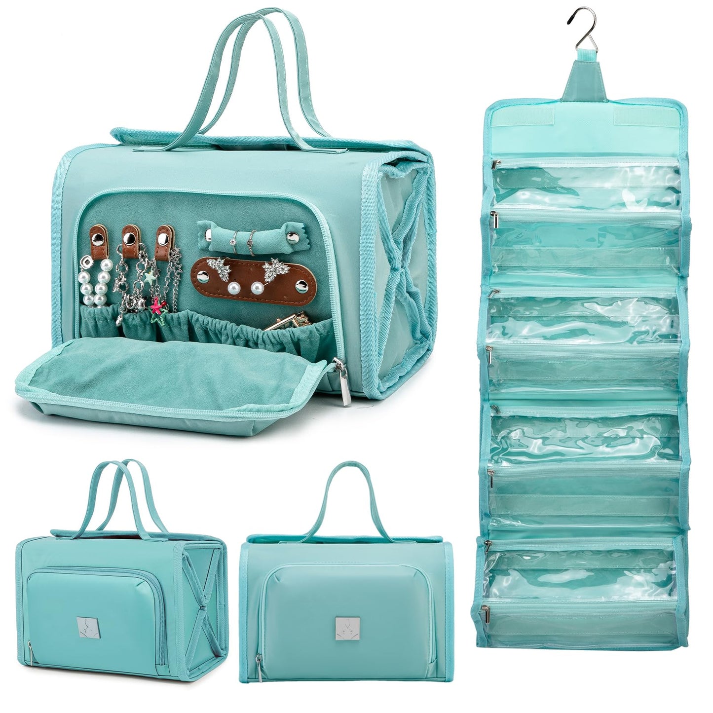 ROYALFAIR Roll Up Makeup Bag, Waterproof Toiletry Bag for Women, Hanging Travel Organizer with Jewelry Organizer Compartment, Extra Large 4 Clear TSA Approved (light blue)