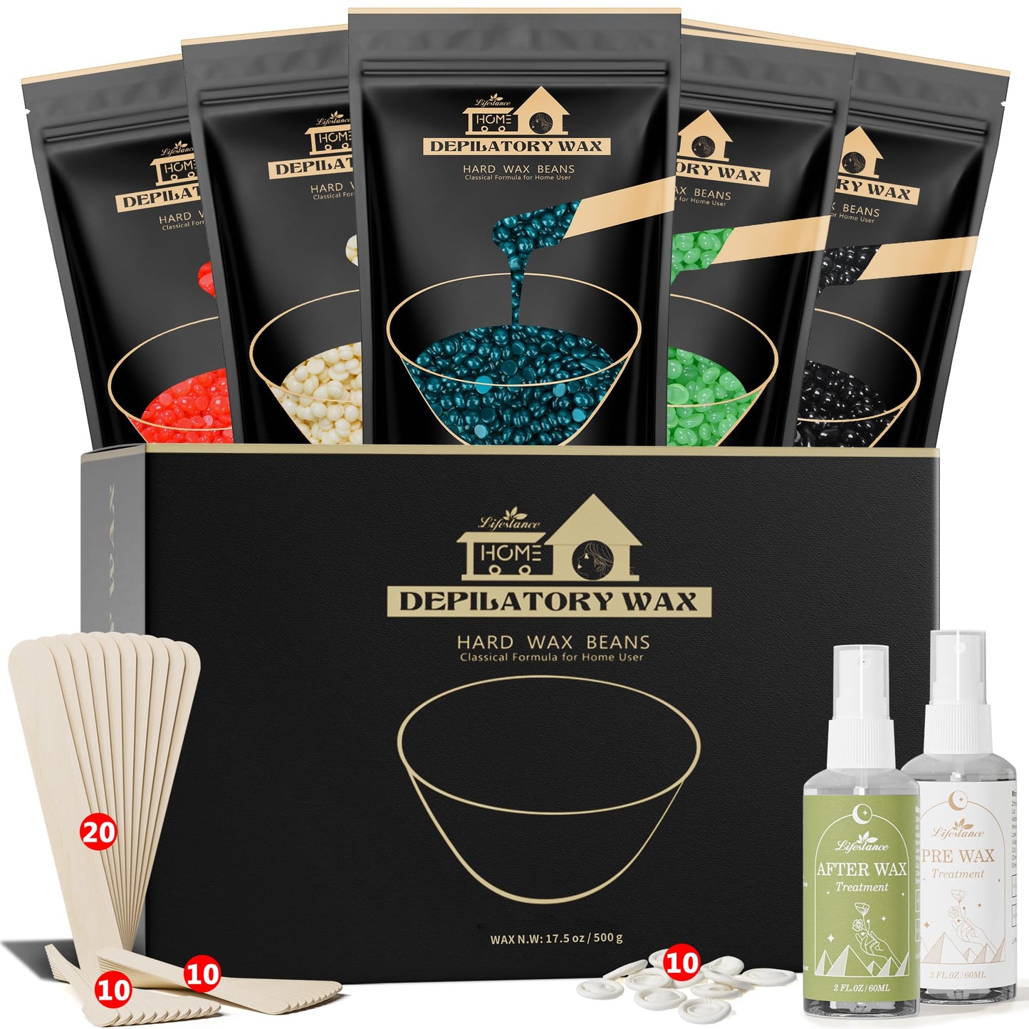 Lifestance Wax Beads Set, 5 Kinds of Waxing Beads, Hard Wax Beans with 57 Items Silicone Spatulas, Perfect for Any Waxing Warmers for Hair Removal for Bikini, Underarm, Eyebrow, Legs