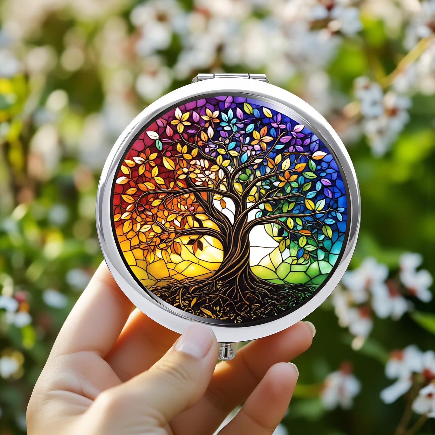 Silver Compact Mirror, 2.8x2.8inch Double-Sided Folding Makeup Mirror with Rainbow Tree of Life Design, Ideal Gift for Women