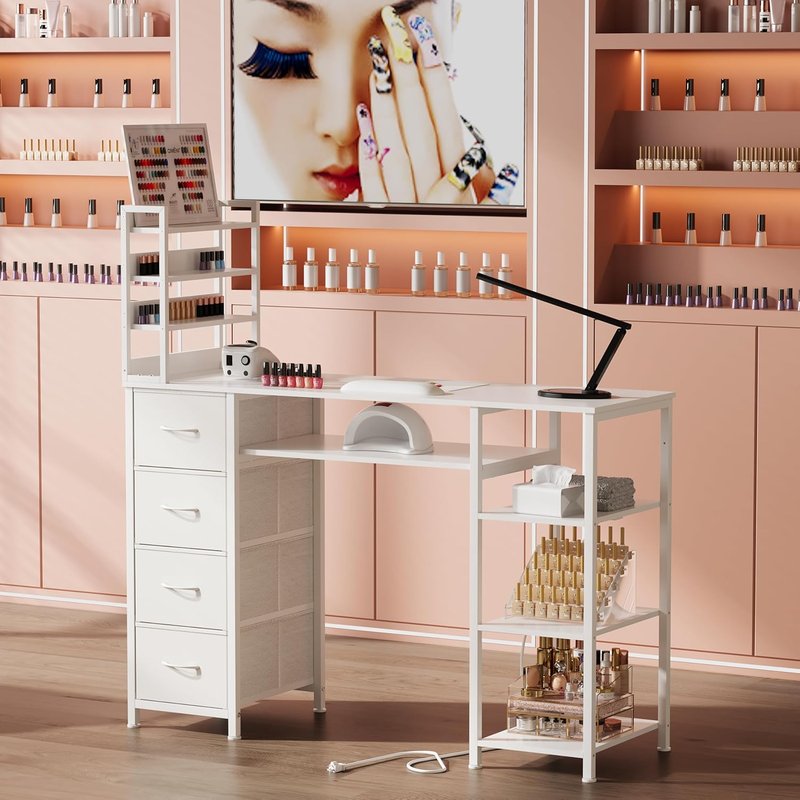 Manicure Table - Nail Desk with Drawers & Power Outlet | Beauty Workstation for Home & Salon (White)