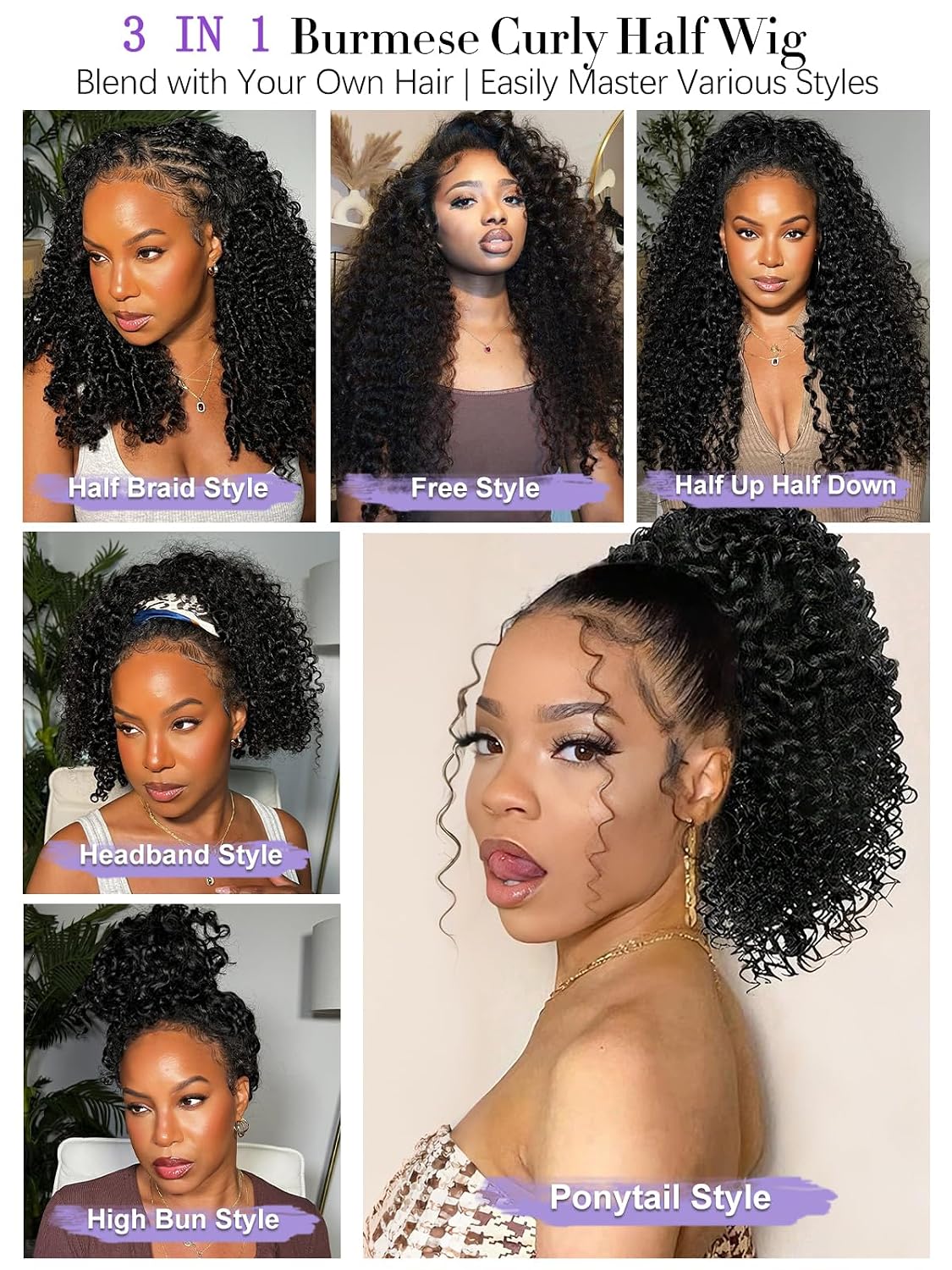 Burmese Curly Half Wig - 24 Inch Human Hair, 180% Density | Glueless, Drawstring, Beginner-Friendly for Black Women