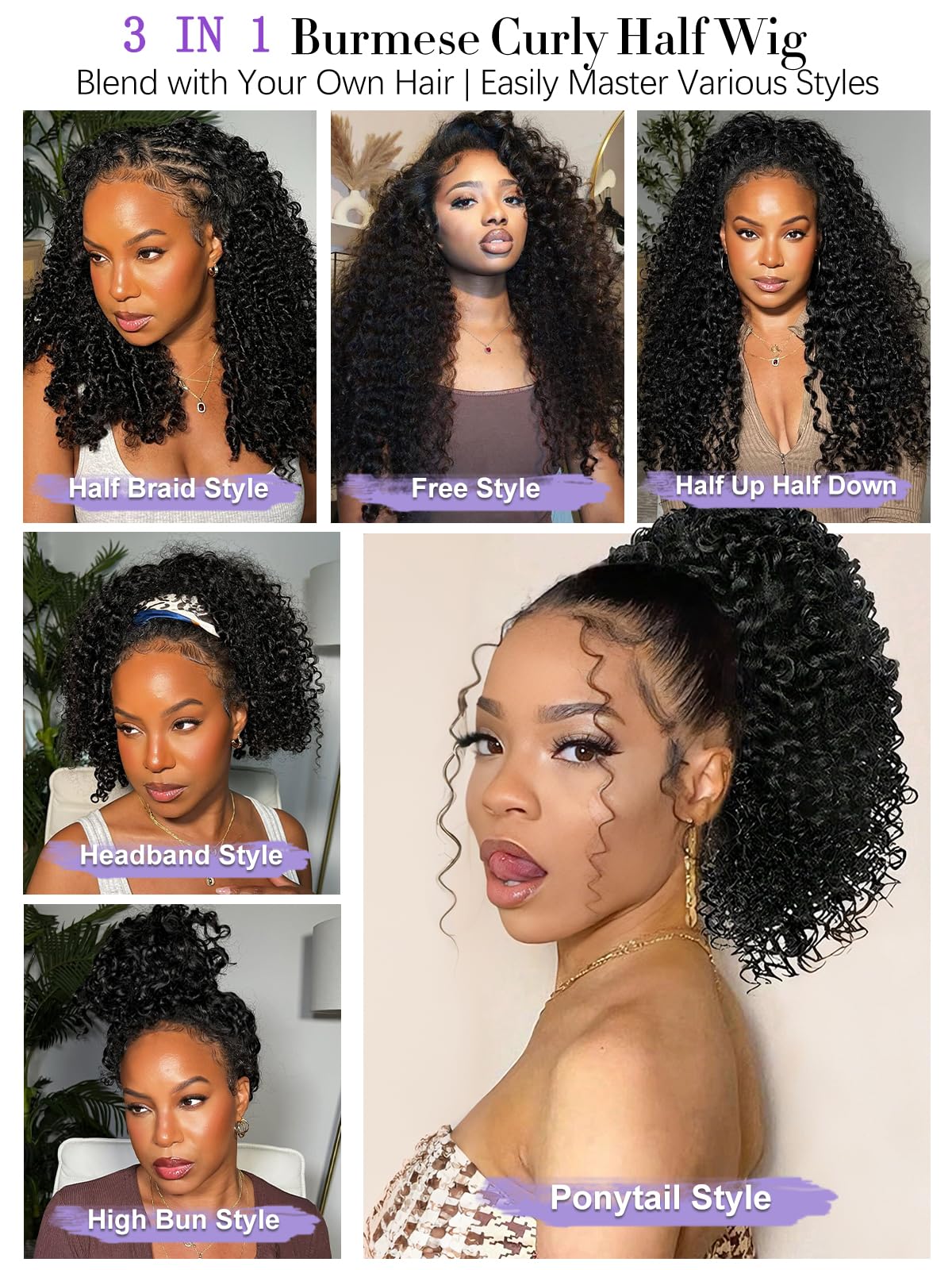 Legendhair Burmese Curly Half Wig Human Hair 26 Inch 180% Density Wear and Go Glueless Wig with Drawstring Spiral Curly Ends 3 in 1 Flip Over Headband Wig Beginner Friendly for Black Women