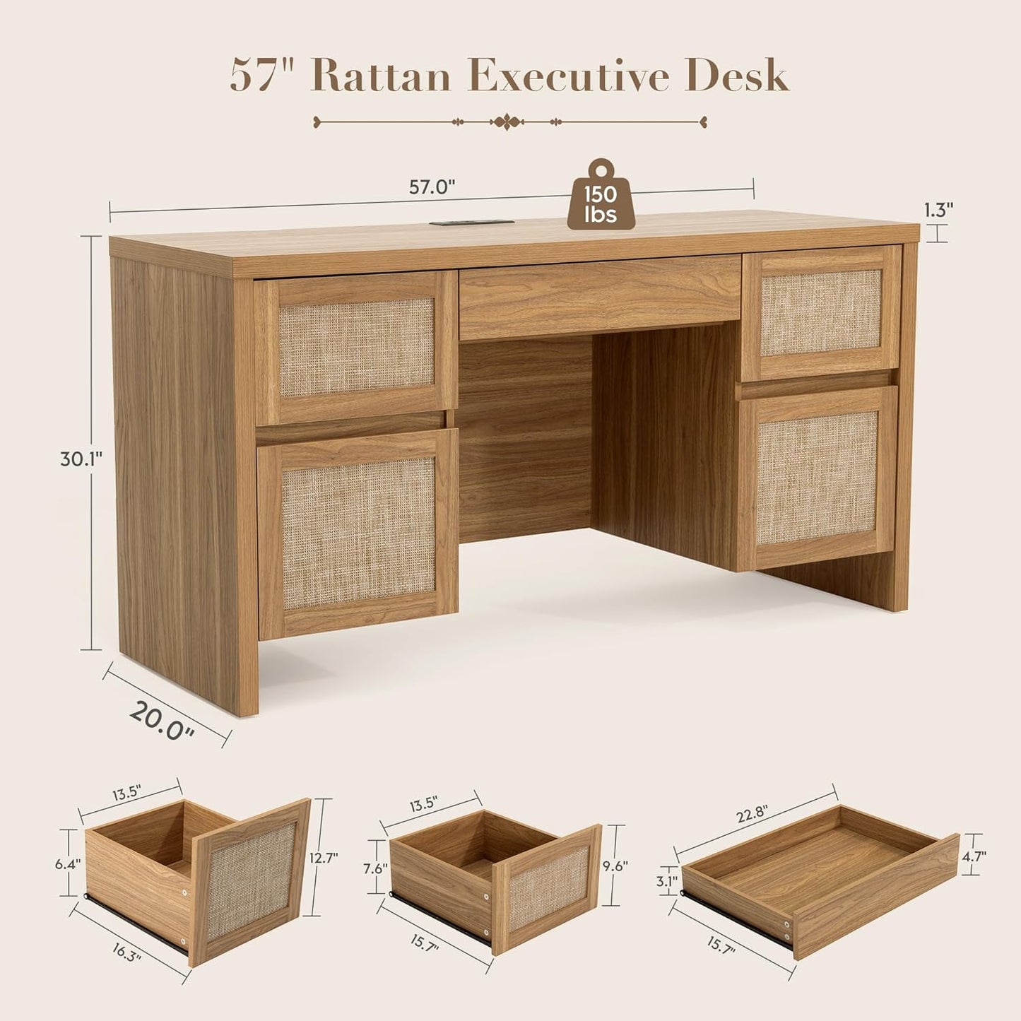 Yechen Executive Desk - 57" Modern Rattan Home Office Desk with Charging Station | Walnut Brown, 5 Drawers