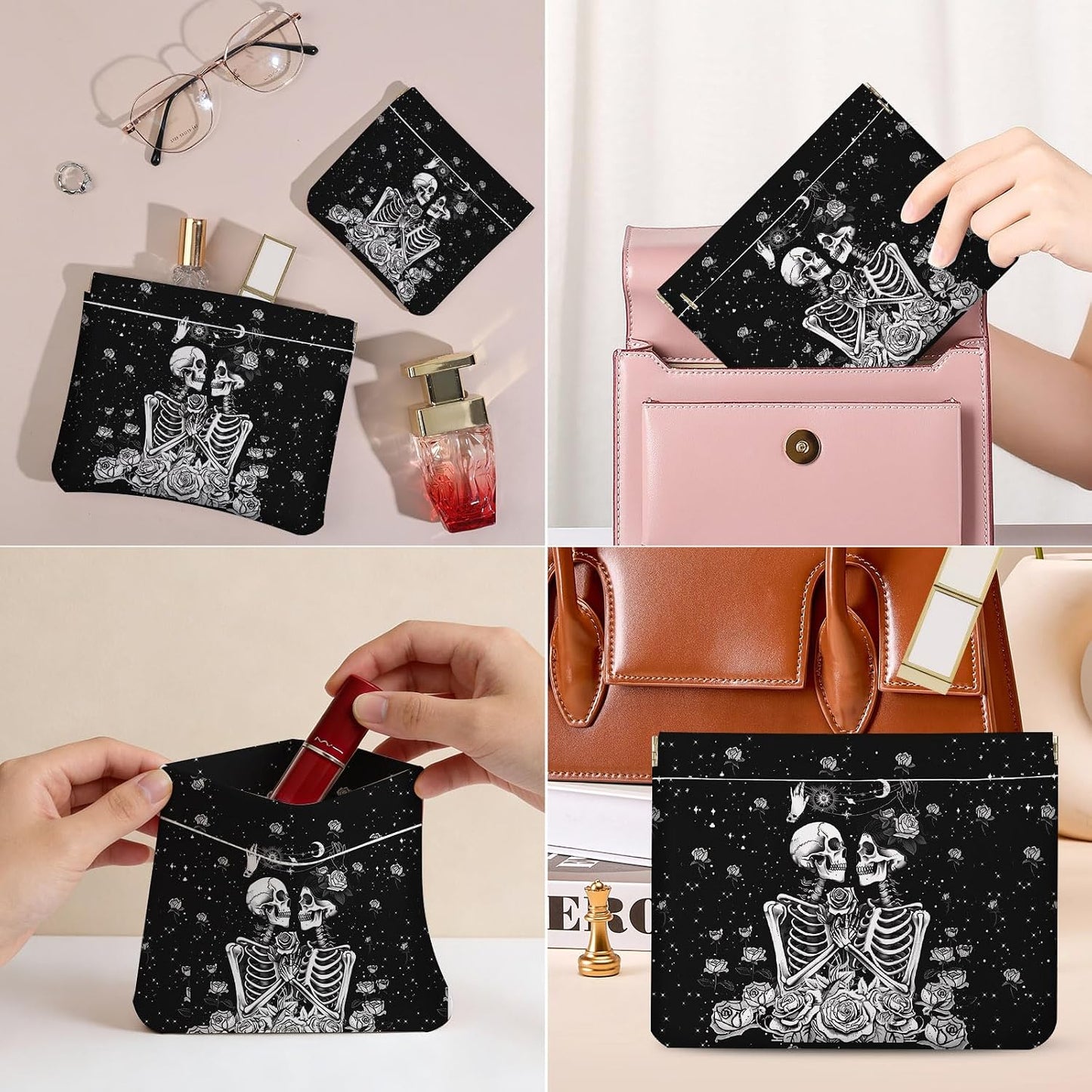Makeup Bag Set - 2 PCS PU Leather Cosmetic Organizer | Portable Self-Closing Travel Pouch for Women - Skull Design