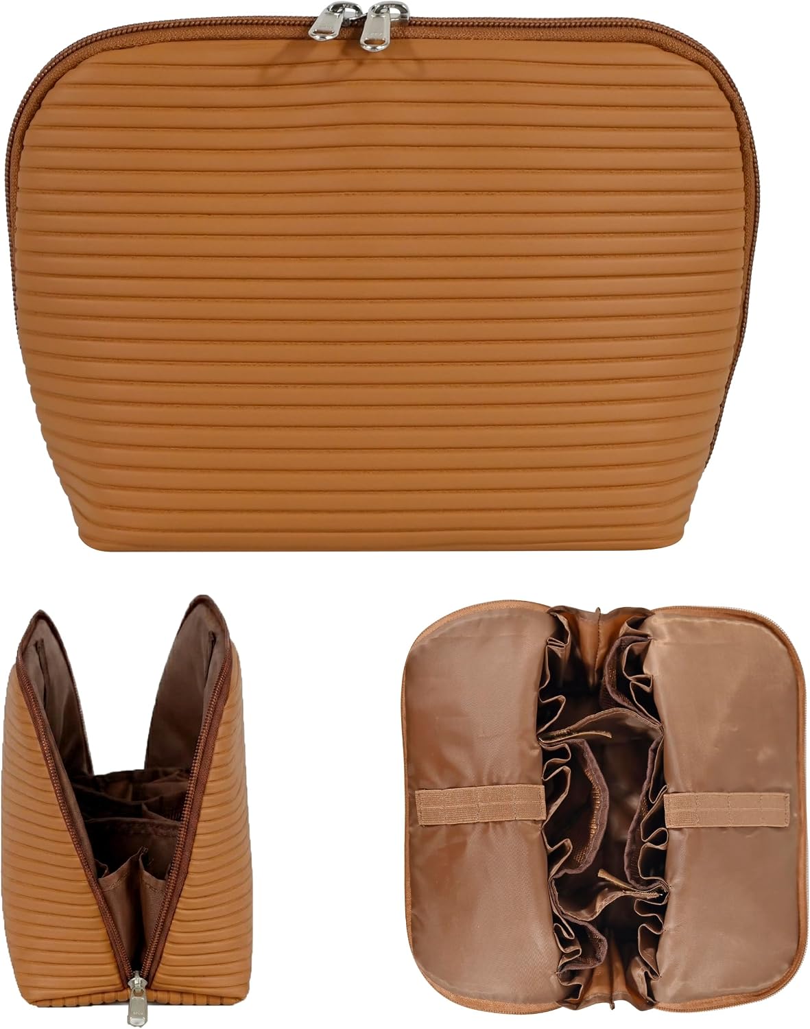Travel Makeup Bag - Waterproof Stand-Up Cosmetic Organizer with Brush Holders | Large Brown Design for Skincare & Toiletries