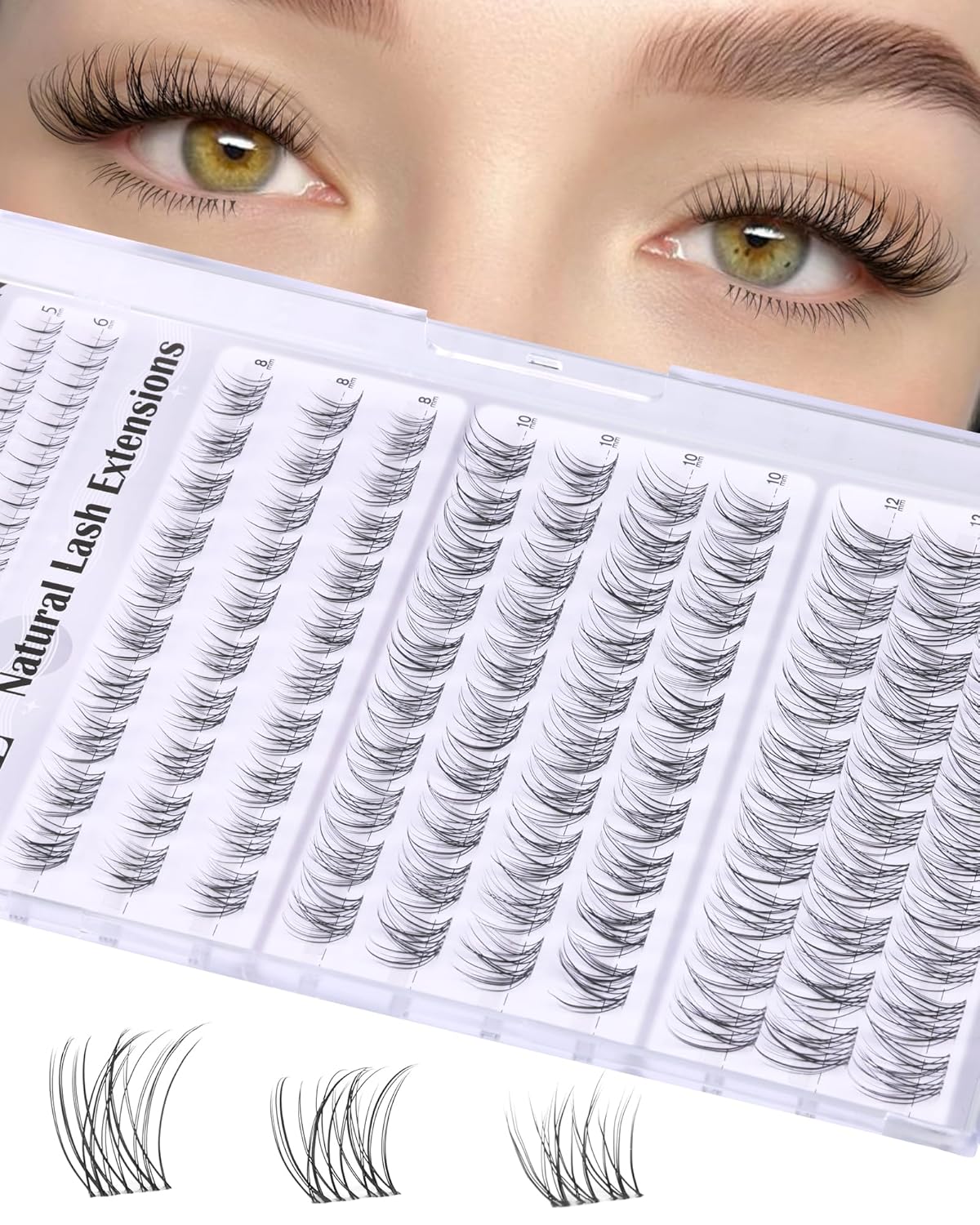 Eyelash Clusters - Natural Short Wispy Extensions 8-12mm | Individual Lashes with Clear Band & 5-6mm Bottom Lashes