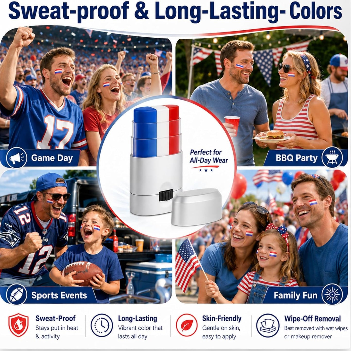 USA Flag Face & Body Paint - Patriotic Red, White & Blue Eye Black Stick for Game Day | 4th of July Makeup Accessory