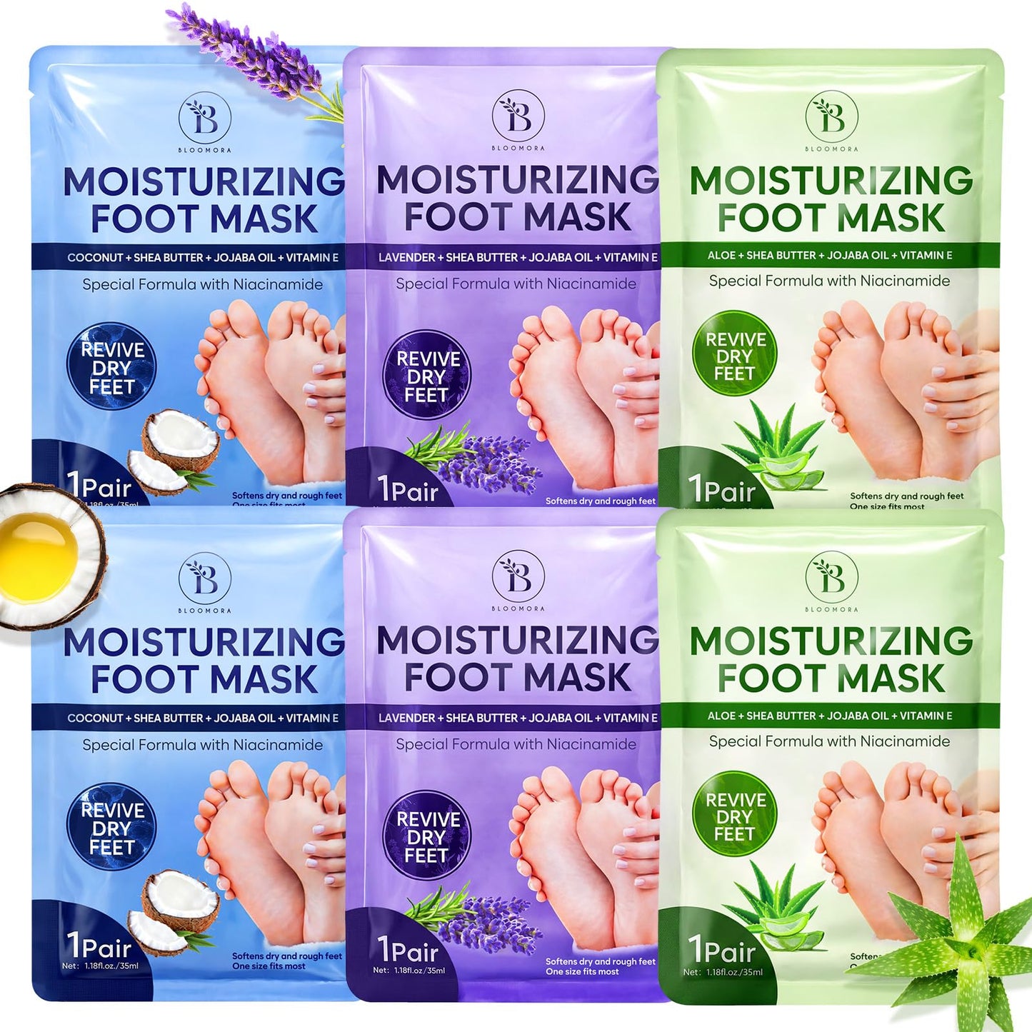 6 Pack Moisturizing Foot Mask for Dry Cracked Feet, Restoring & Hydrating Socks with Lavender, Shea Butter, Jojoba Oil & Vitamin E, Feet Mask for Women & Men Foot Care
