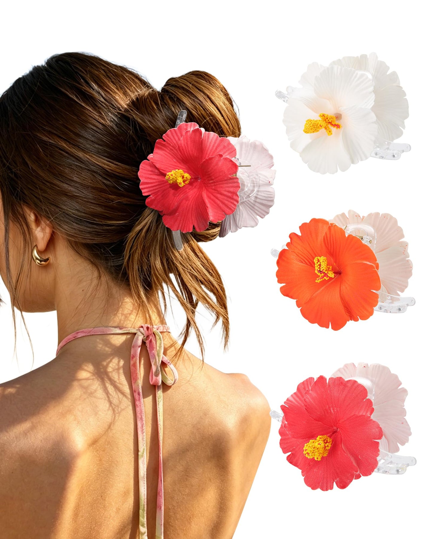 Molans Hawaiian Flower Hair Clips for Women - 3Pcs Artificial Flower Head Claws, Plumeria Hibiscus Hairclip for Wedding Beach Party, Cute Summers Tropical Flowers Clip for Thick Hair