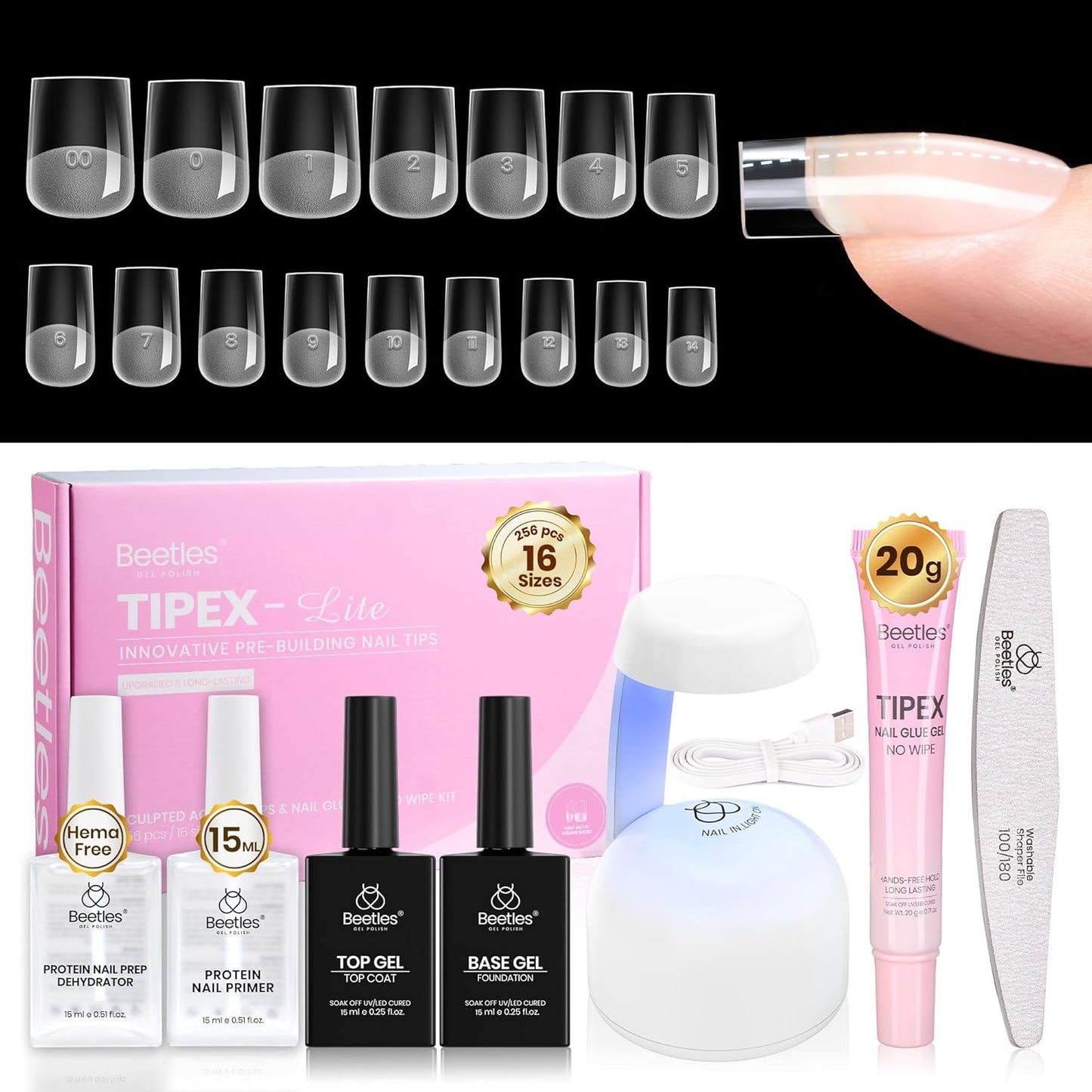 Beetles Tipex Lite Kit - All-in-One DIY Nail Art Set with Mini UV Lamp, 256PCS, Short Almond, 16 Sizes