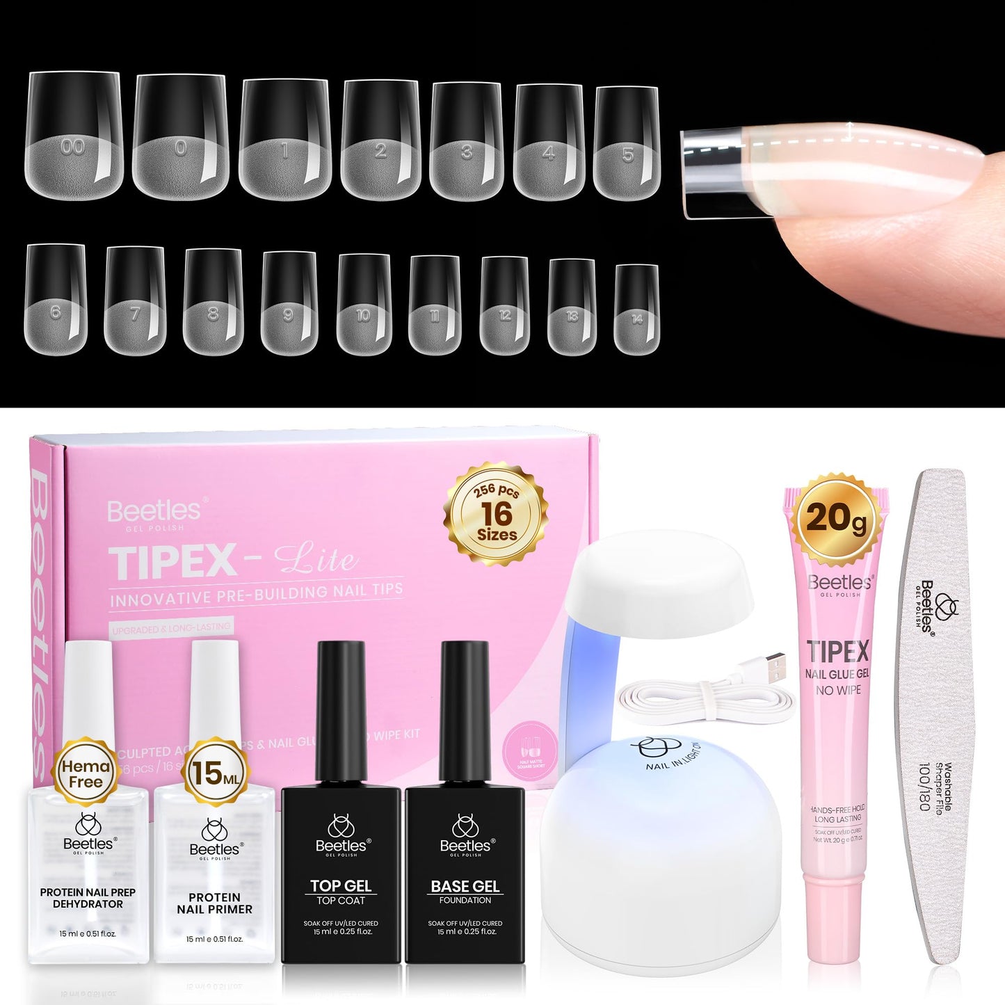 Beetles Tipex Lite Kit with Nail Prep Dehydrator & Primer, Short Square, 256PCS 16 Sizes, Mini UV Lamp, 20g Solid Glue, Base & Top Coat, All-in-one DIY Starter Kit