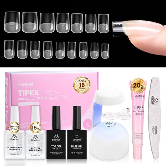 Beetles Tipex Lite Kit with Nail Prep Dehydrator & Primer, Short Square, 256PCS 16 Sizes, Mini UV Lamp, 20g Solid Glue, Base & Top Coat, All-in-one DIY Starter Kit