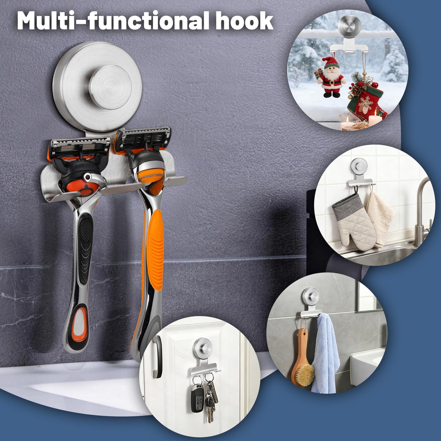 warlve No-Drill Suction Cup Razor and Shaver Holder, Stainless Steel Shower Hook for Towel & Loofah, Damage-Free Reusable Bathroom Wall Organizer (2, Brushed Nickel)