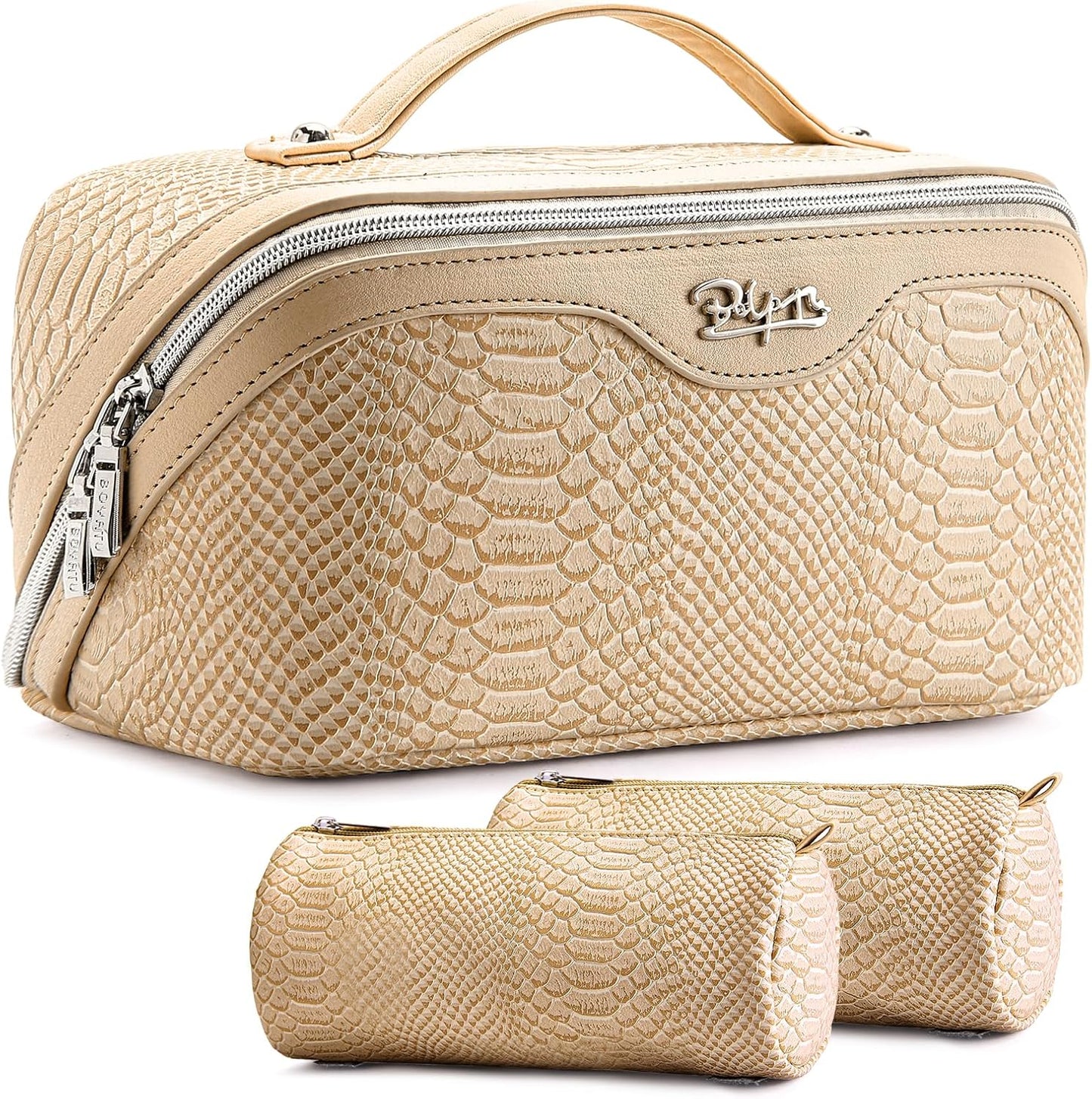 Travel Makeup Bag Organizer Set - 3 Pcs Waterproof Vegan Leather Cosmetic Bags for Women | Black