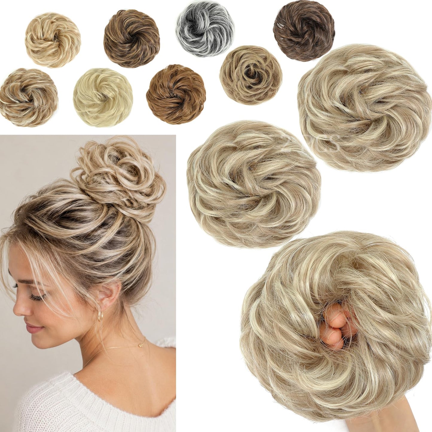Amchoice Messy Bun Hair Piece 2 Pcs Elastic Wavy Curly Bun Hair Pieces for Women Instant Volume Lightweight Synthetic Chignon Hairpieces for Girls Daily Wear Party Travel(Khaki&Blond)