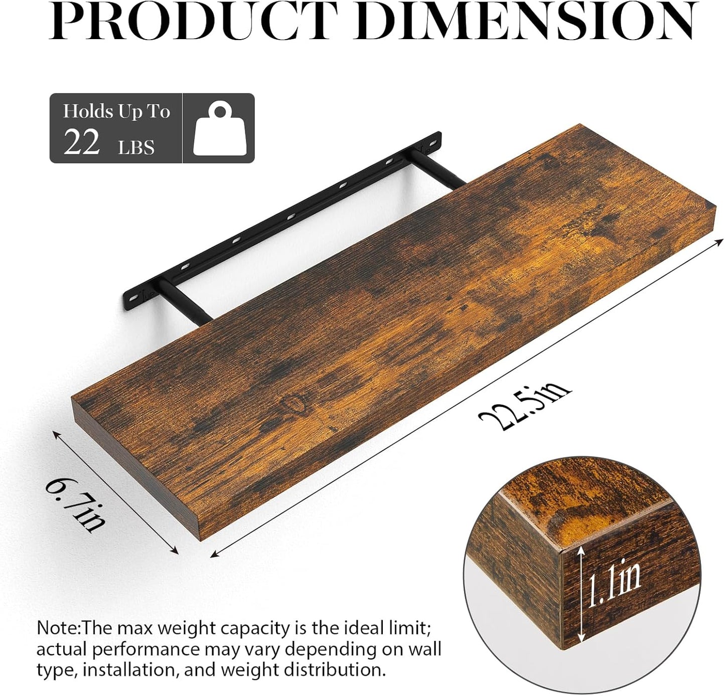 Floating Shelves Set of 2 - Rustic Wood Wall Mounted | 22.5 Inches for Bathroom, Bedroom, Living Room, Kitchen - 22lbs Capacity, Rustic Brown