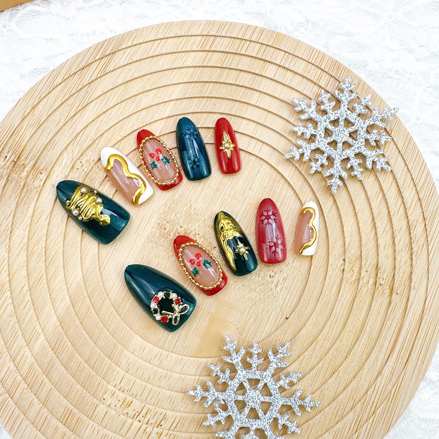 Christmas Press-On Nails - Medium Almond Acrylic Tips with Tree Wreath, Gold Beads & Rhinestones | Winter Holiday Design