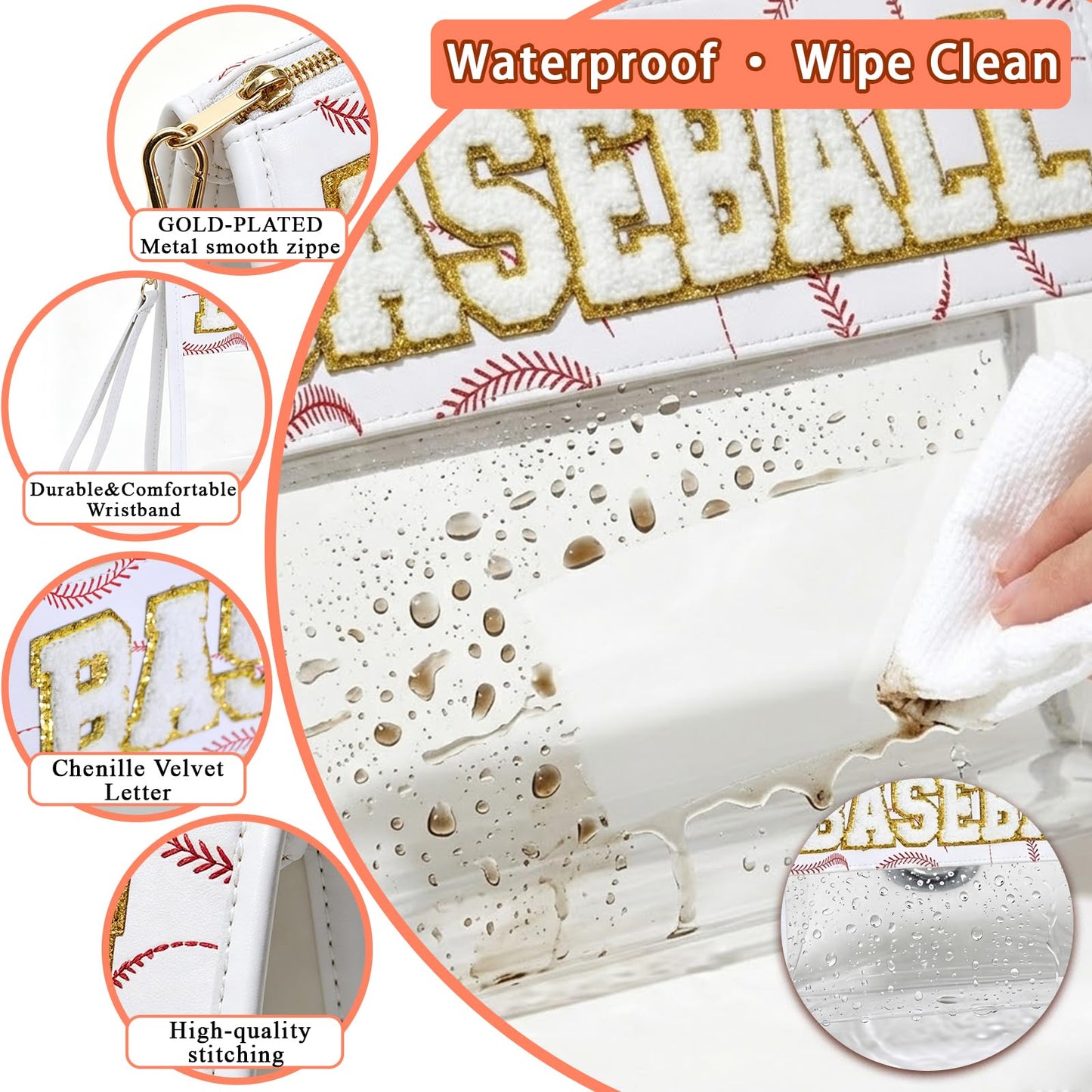 Baseball Mom Essentials Clear Stadium Bag 12x6x12 — STANDS UPRIGHT, NOT FLAT — 2.5" Deep Transparent Tote with Chenille Letters, Waterproof Baseball Game Day Bag for Team Snacks, Makeup & Travel