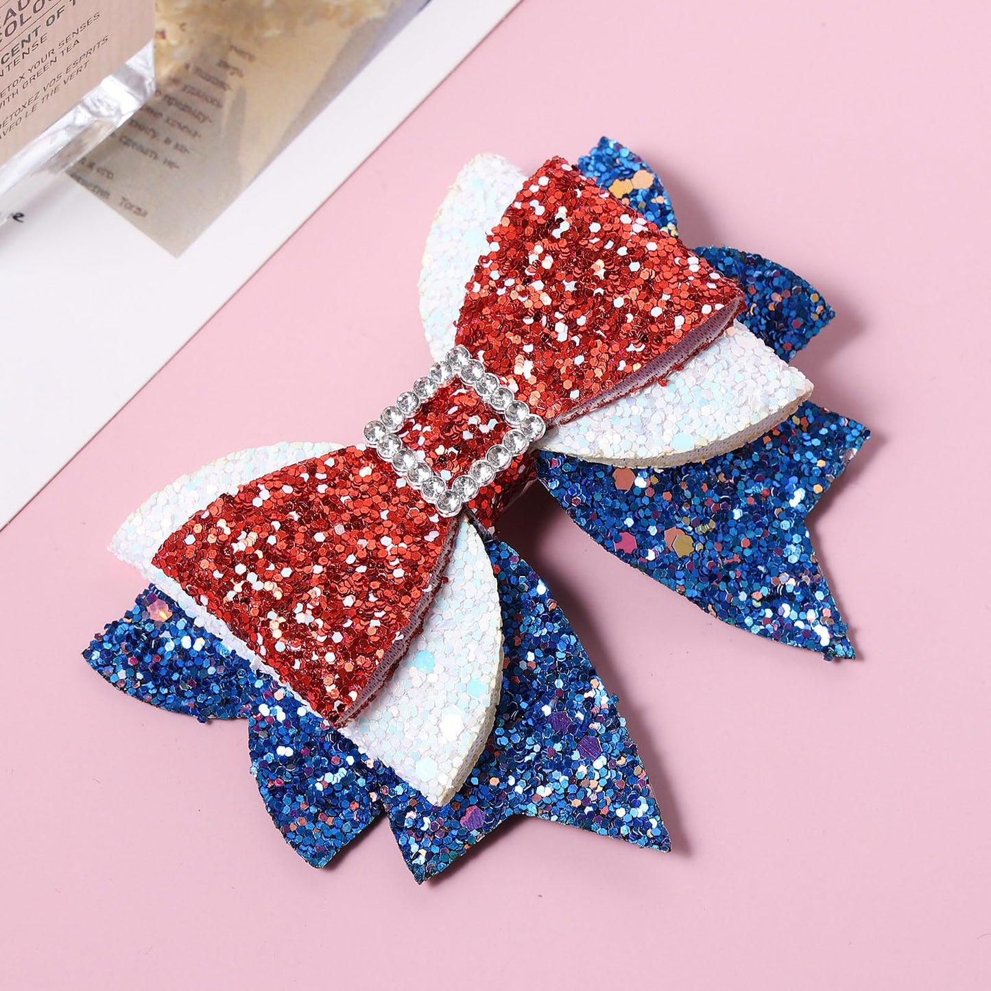 4th of July Patriotic Hair Bows Alligator Clip For Girls Glitter Sparkly Red White Blue Sequin Cheer Barrettes Hairpins Independence Day Xmas Party outfit Dress Decor Accessory Gift 3.5"