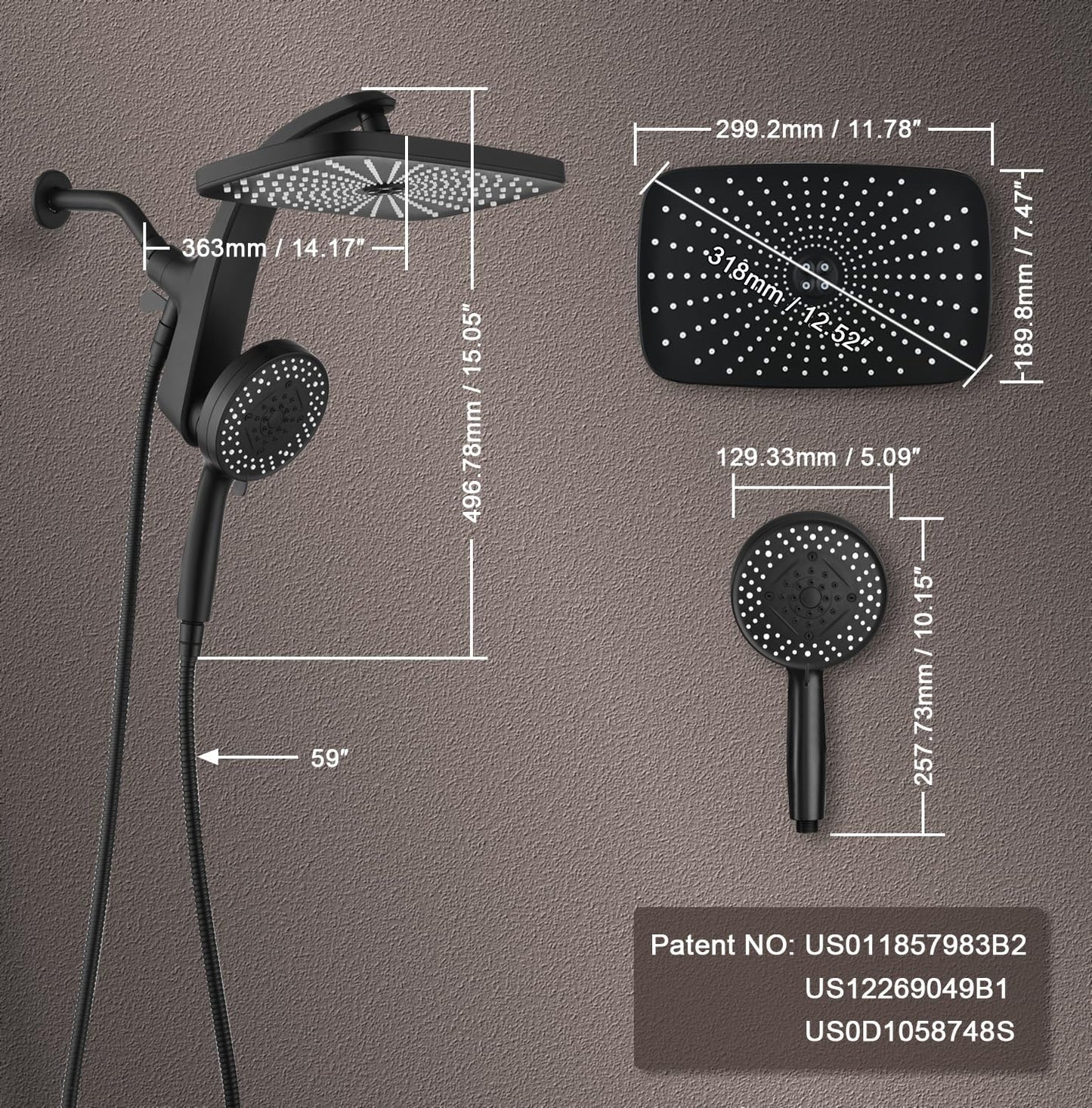 Rain Shower Head with Handheld - High Pressure 12" Rainfall & 9 Spray Options | Magnetic Docking, Black