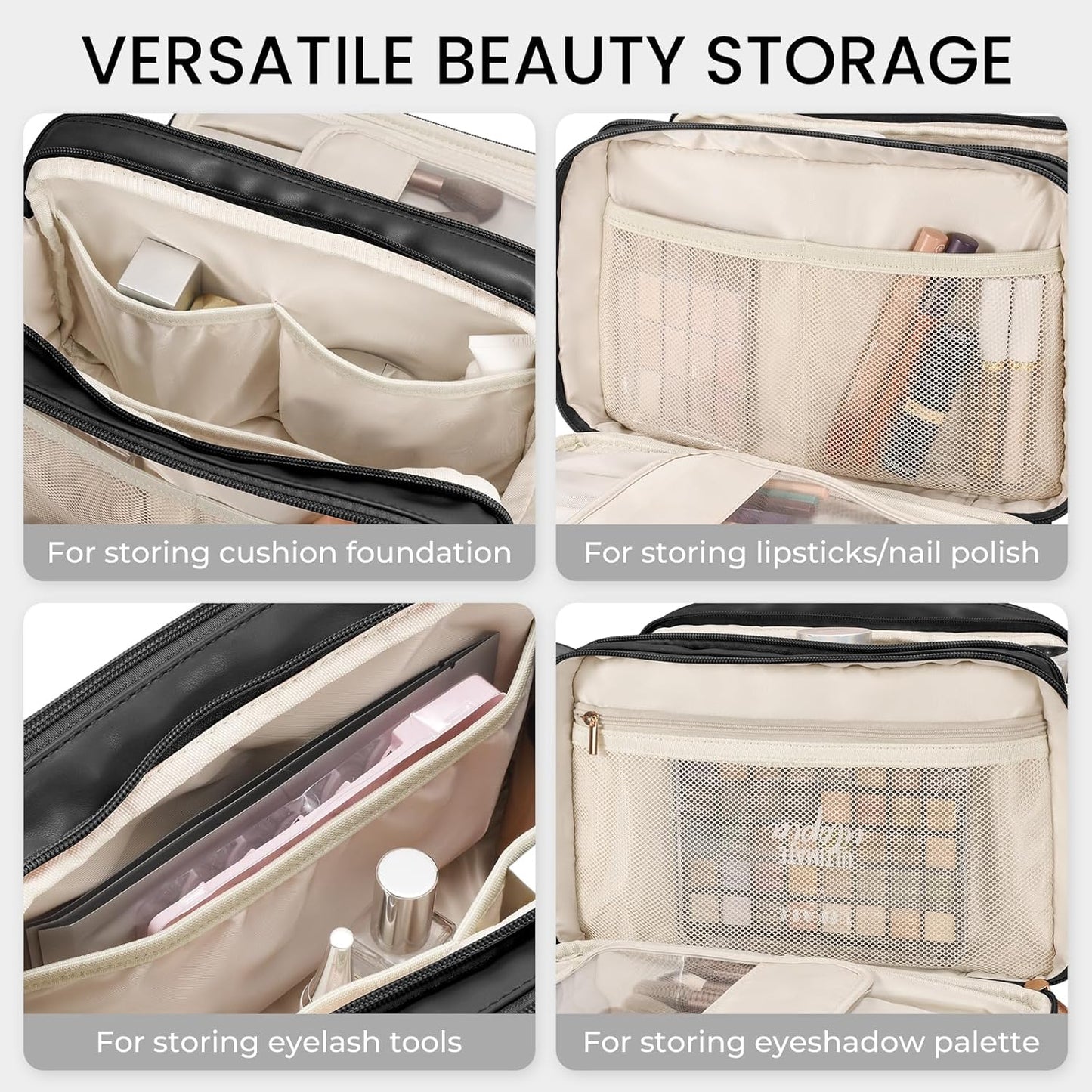 Travel Makeup Bag - Large Capacity Waterproof Organizer | Vertical Free-Standing Design, Easy Access - Black