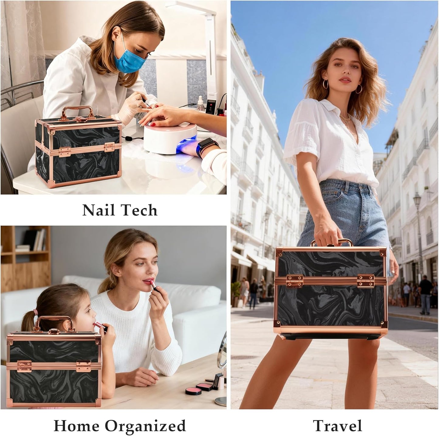 Portable Makeup Train Case - 2-Tray Cosmetic Organizer with Mirror | Travel Makeup Box in Rose Gold & Black
