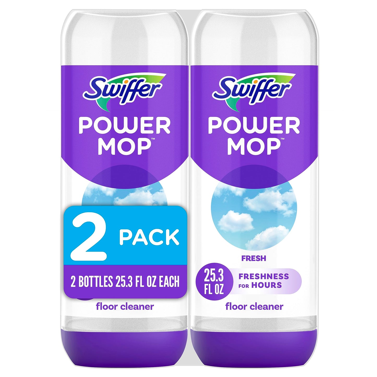Swiffer PowerMop Liquid Floor Cleaner Refills, Solution for Power Mop, Fresh Scent, 2 Count Mopping Fluid Replacement Bottle, Spray Mops Cleaning Juice, No Bucket Needed, Multi-Surface and Wood