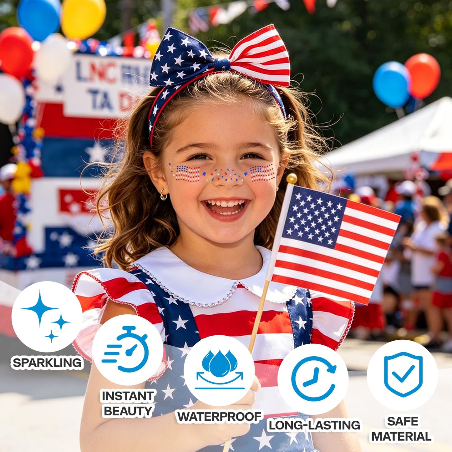 Mysense Red White and Blue Glitter Freckles Face Tattoo with American Flag & Star Design,4th of July Outfits for Women Kids,Patriotic USA Accessories Independence Day Makeup Stickers,6Pcs