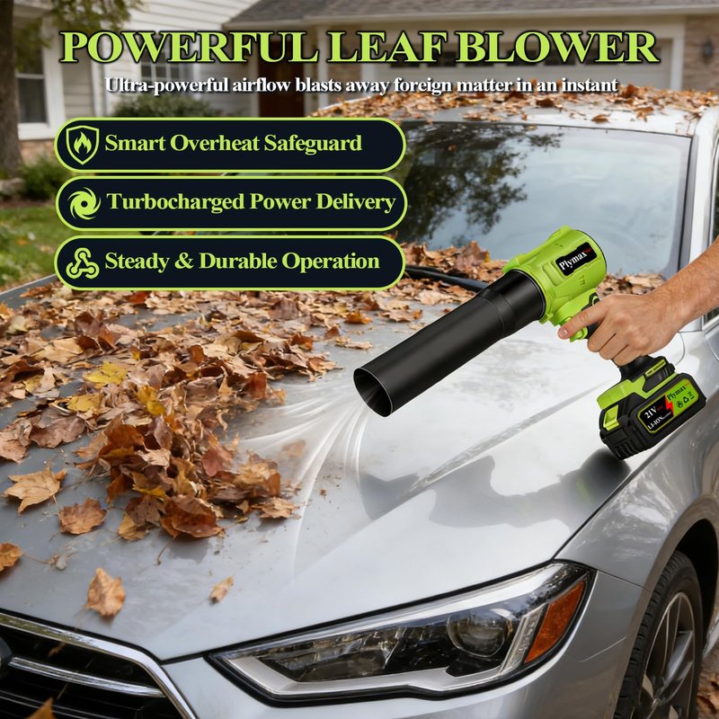 Plymax Cordless Leaf Blower, 800,000 RPM Electric Leaf Blower, Handheld Leaf Blower Cordless with 2×4.0Ah Batteries & Charger,Air Blower with 2-Speed Nozzles for Patio,Lawn Care,Dust,Snow & Car Drying