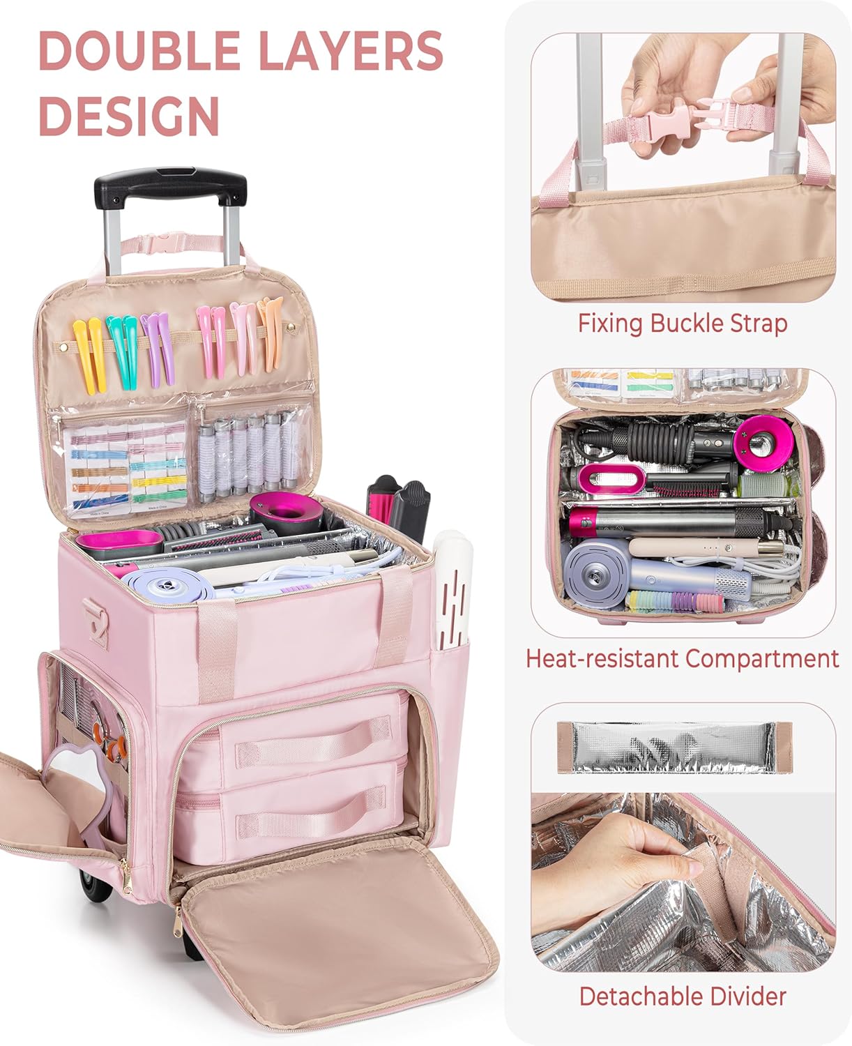 Rolling Hairstylist Travel Bag - Hair Tool Bag with 2 Pouches & Heat Insulation | Pink