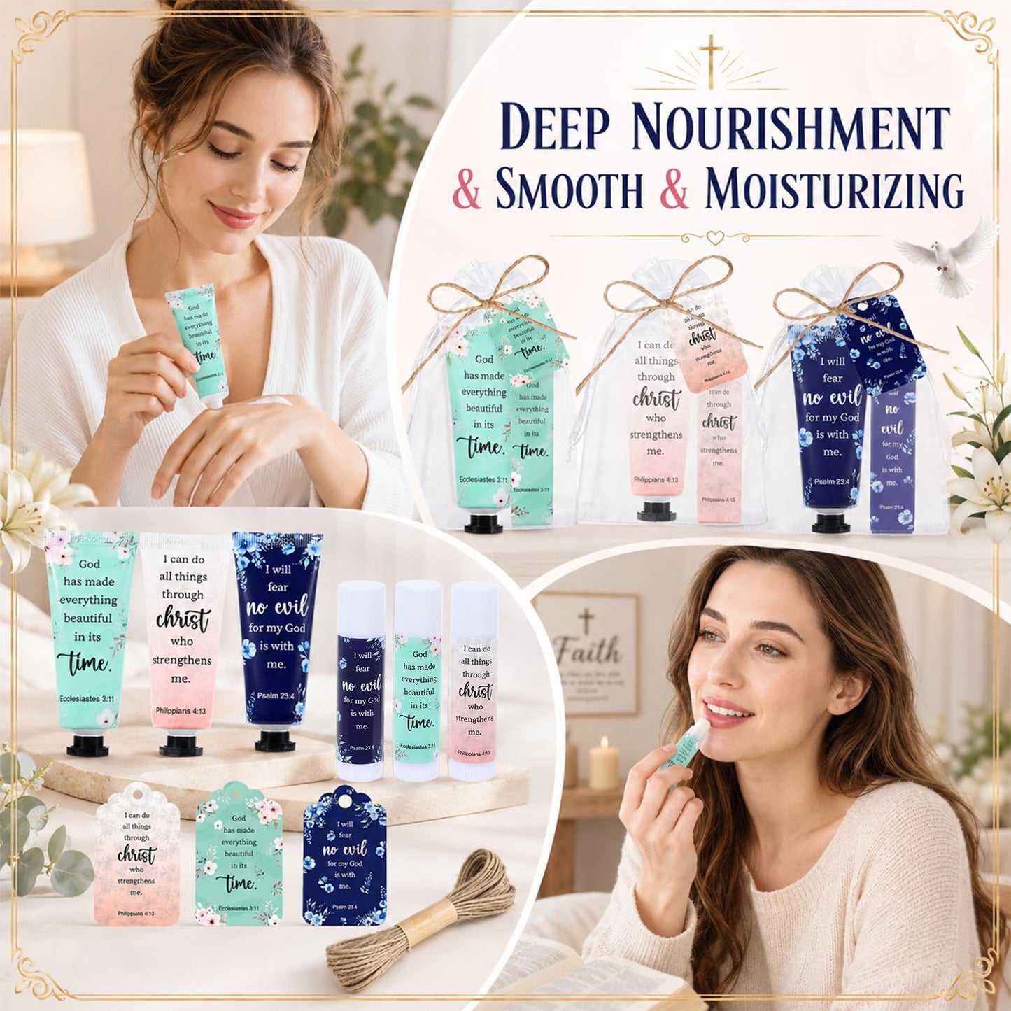 96Pcs 24 Sets Christian Hand Cream and Lip Balm Gift Set Moisturizing Gift Sets With Organza Bag Christian VBS Gifts Bible Verse Bulk Gifts for Teacher Wedding Baby Shower Church Prayers for Women