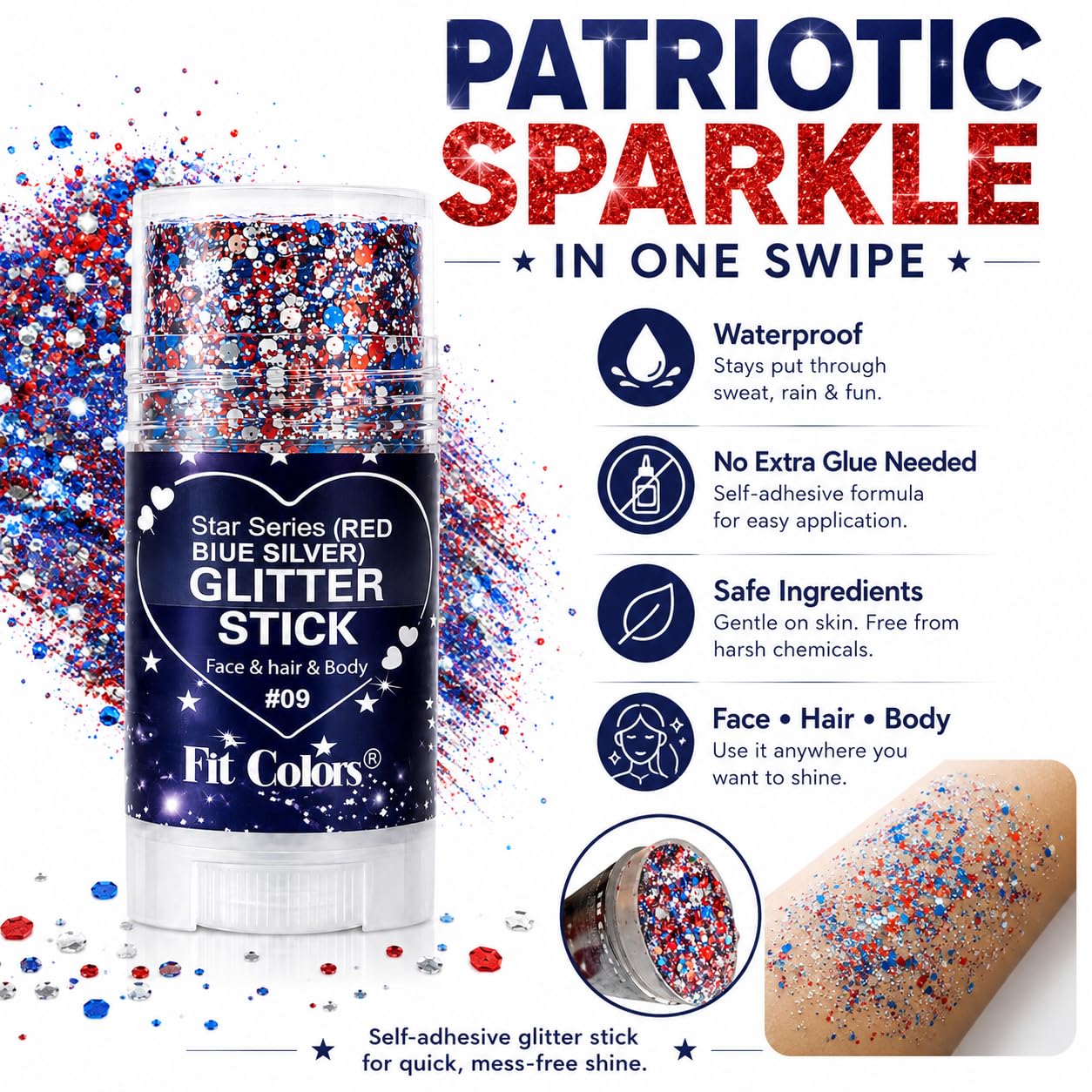 Honlley Patriotic Red White and Blue Face Hair Body Glitter Stick, Waterproof 4th of July Outfits Accessories for Women Kids, USA Flag Fourth Sparkle Makeup for 250 Anniversary Memorial Veterans Day