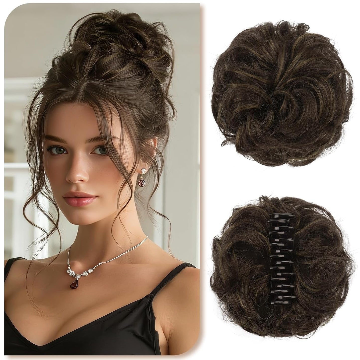 Human Hair Bun Clip | 100% Real Wavy Curly Chignon Hair Piece - Light Brown & Blonde Mix