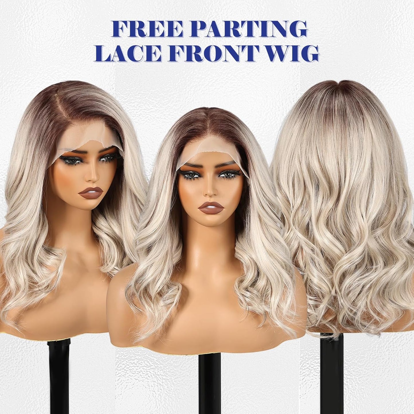 HAIRCUBE 13x6 HD Synthetic Lace Front Wig - 16 Inch Ombre Ash Blonde Curly Hair with Adjustable Cap & Natural Density Hairline