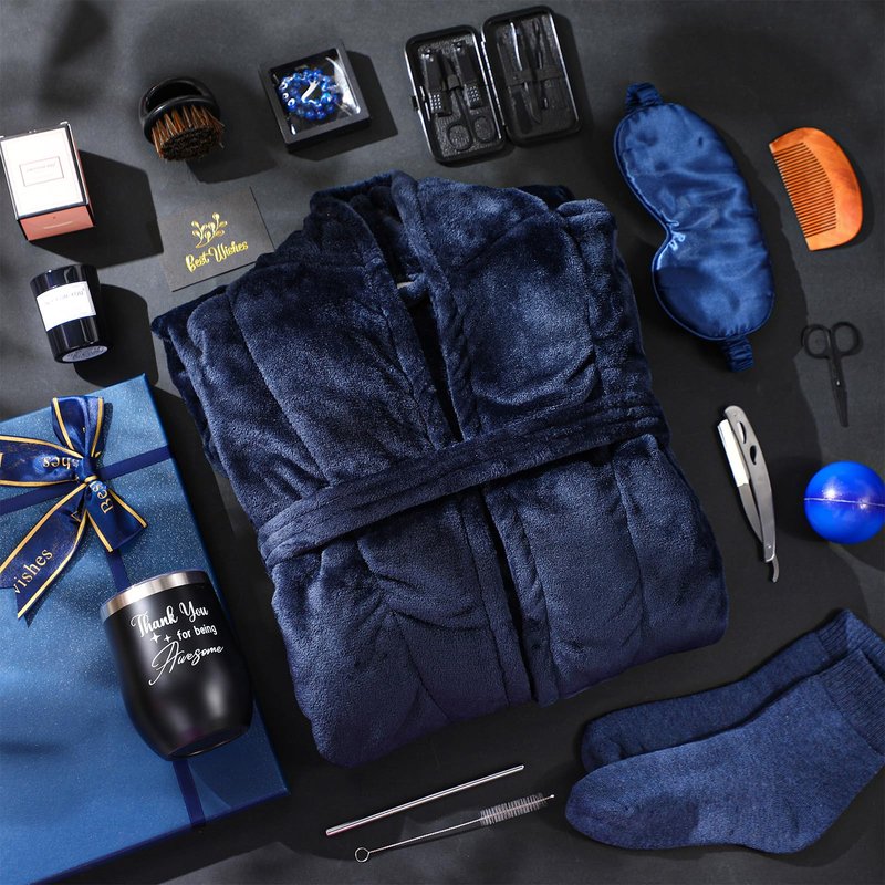 Nuogo 15 Pcs Birthday Gifts for Men Beard Care Set for Him Dad Birthday Gifts Basket Ideas Kit for Men Tumbler Bath Robe for Father's Day Dad Husband Boyfriend Box(Unhooded,Navy)