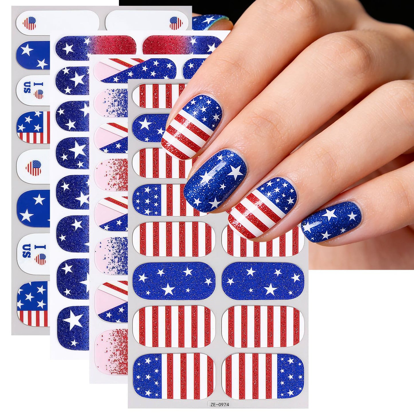 4 Sheets 4th of July Gel Nail Strips American Flag Gel Nail Strips Polish Wraps Supplies Self Adhesive Independence Day Gel Nails Sticker Full Nail Wraps Patriotic USA Designs for Women Manicure Tips