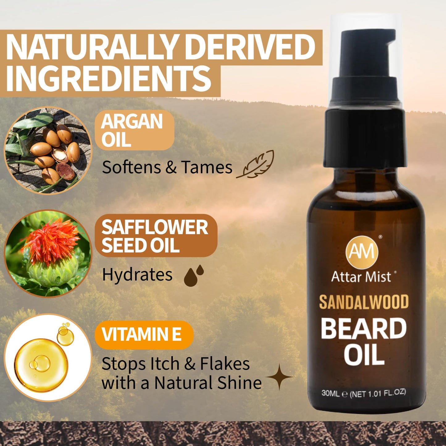 AM Beard Oil for Men growth Beard Conditioner Beard Straightener Beard Softener for Men Prevents Tangles & Itch, Tames Frizz Naturally Derived Beard Care Argan & Vitamin E - 1.01 floz