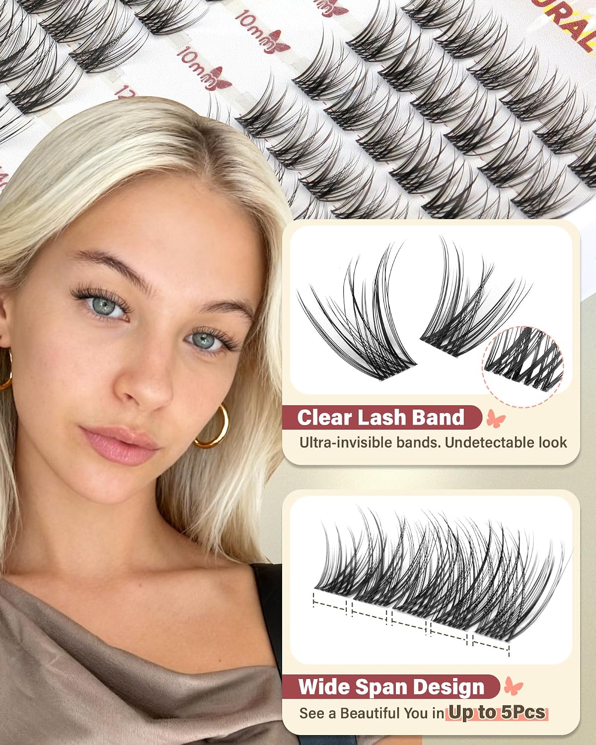 Natural Eyelash Clusters - 10-12-14MM Wispy Extensions | Clear Band, 144 Pcs for No Makeup Look