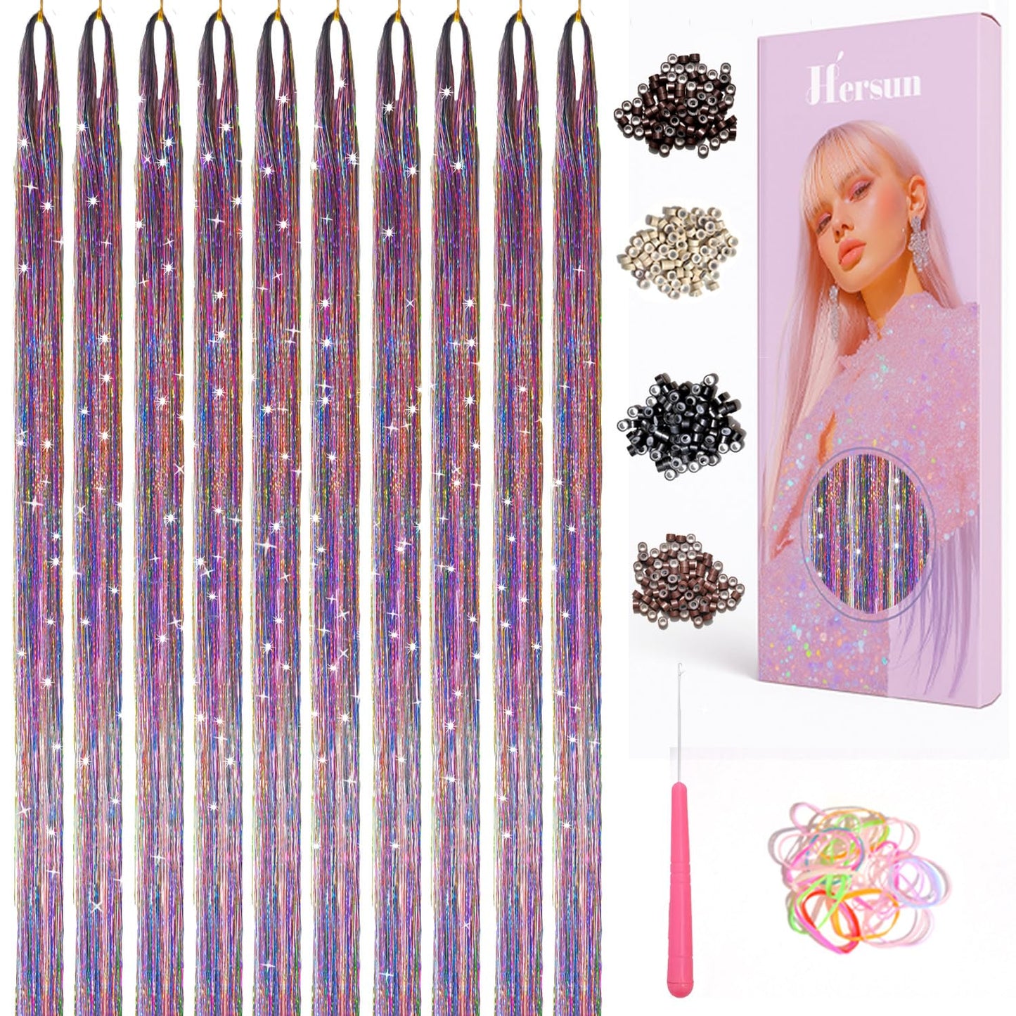 Hersun Hair Tinsel Kit - 10 Colors, 3200 Strands, 48in | Heat-Resistant Fairy Hair Extensions for Parties & Festivals