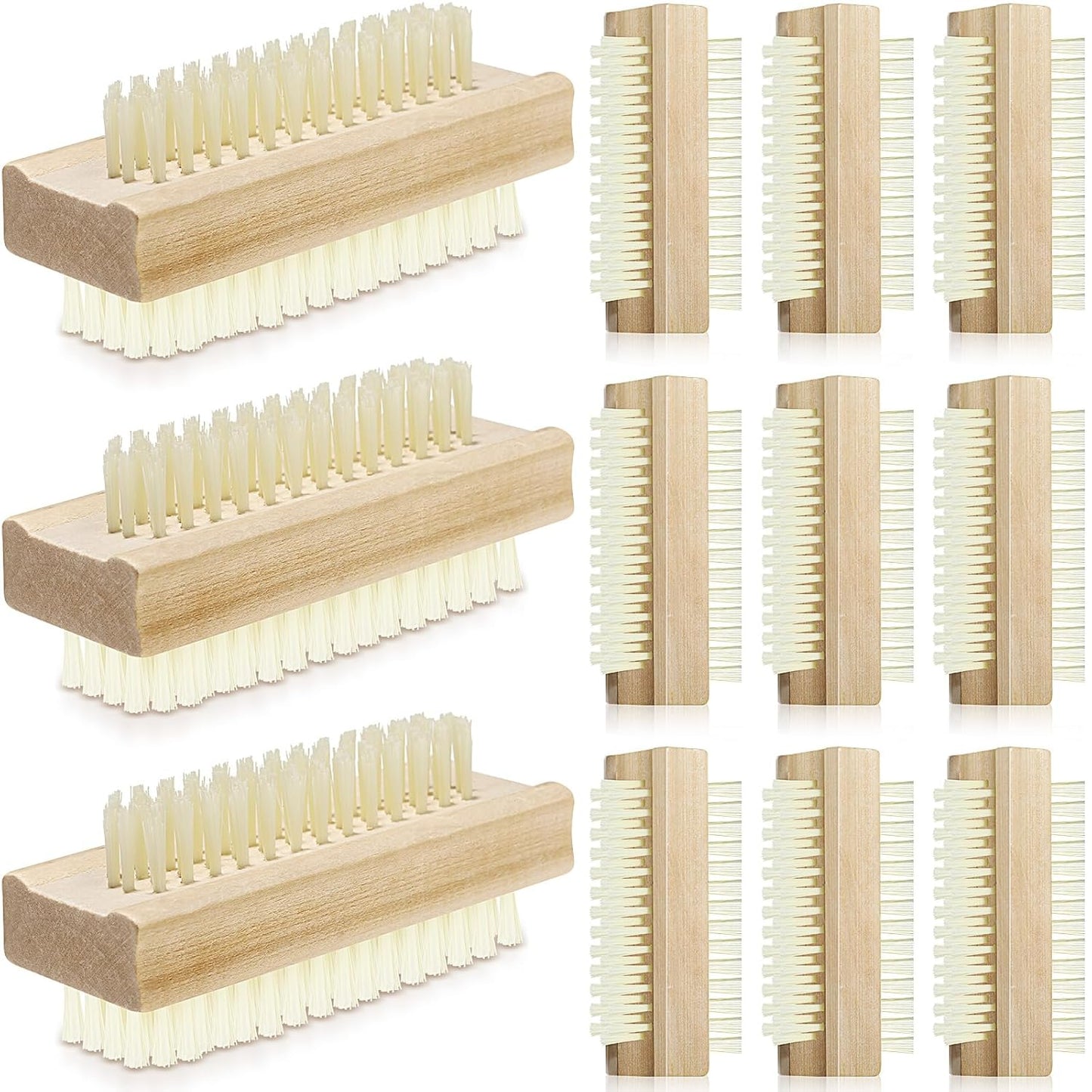 Wooden Nail Brush Set - 12 Pack Two-Sided Heavy Duty Stiff Scrubbers for Nails & Toes | Non-Slip Design