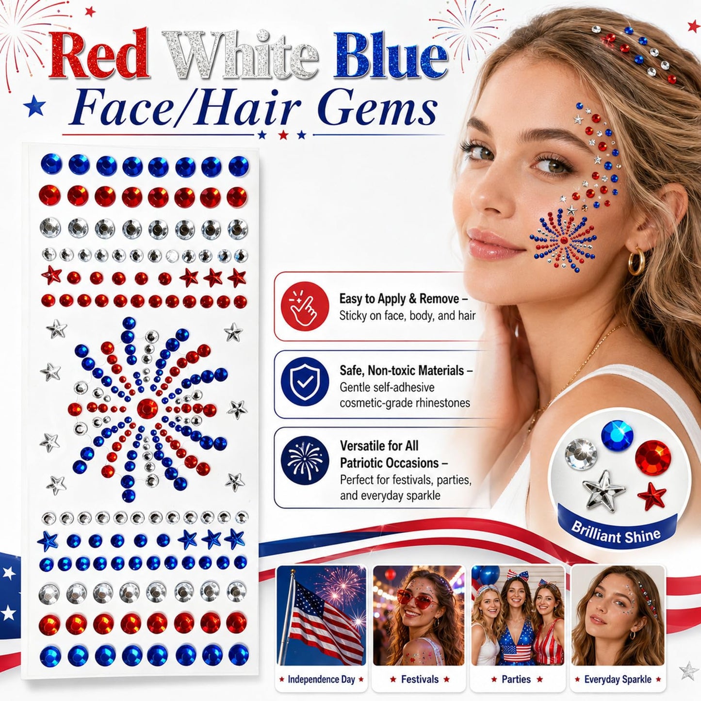 Go Ho 4th of July Star Face Hair Gems,Red White and Blue Patriotic Fireworks-Shaped Rhinestone Stickers,Self-Adhesive Glitter Crystal Gems,Festival Accessories for Women Kids on Independence Day