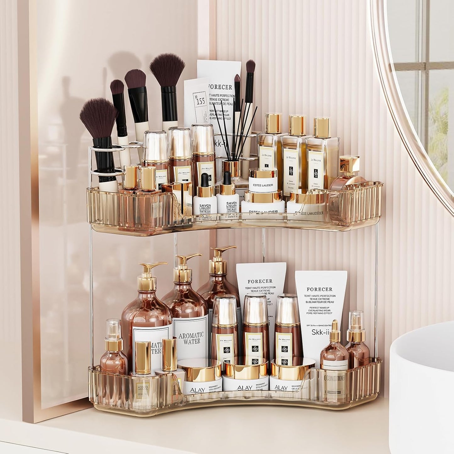 2-Tier Corner Bathroom Counter Organizer - Clear Makeup & Skincare Holder | Toothbrush & Brush Storage