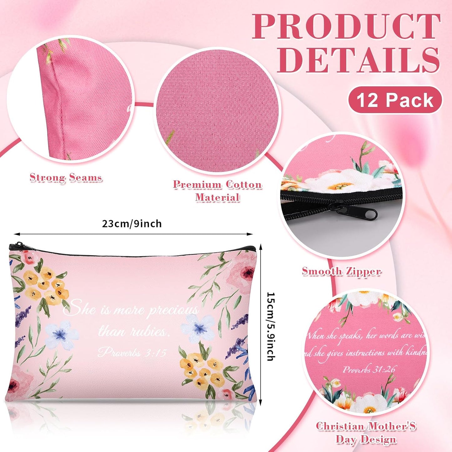 Bible Verse Makeup Bags - 12 Pcs Pink Canvas Cosmetic Pouches | 9 x 6 Inches Travel Toiletry Set for Women & Moms