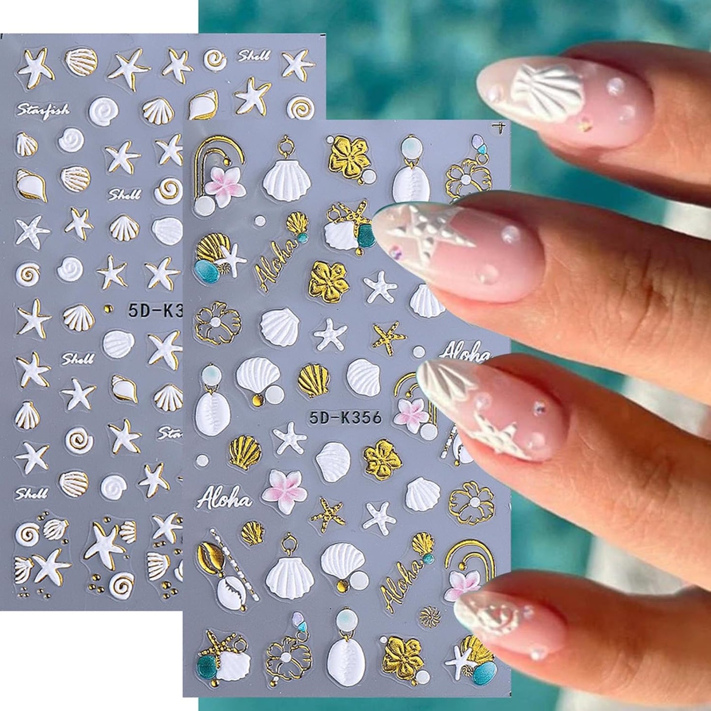 5D Embossed Beach Nail Stickers - Ocean-Themed White & Gold Shell & Starfish Designs | 2PCS Self-Adhesive Nail Art for Summer Manicure