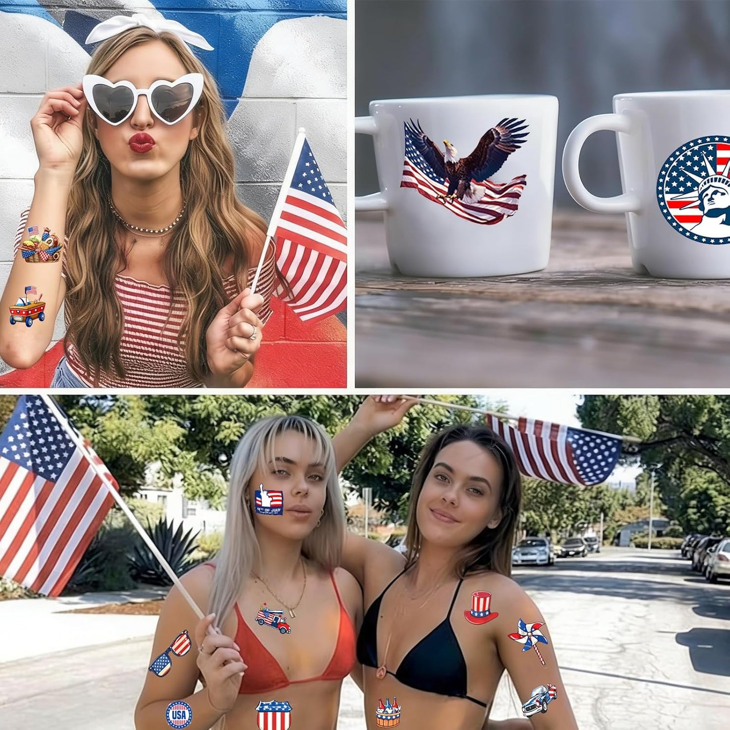 4th of July Temporary Tattoos - 320 Pcs USA Patriotic Stickers | Waterproof Red, White & Blue Face and Body Decor